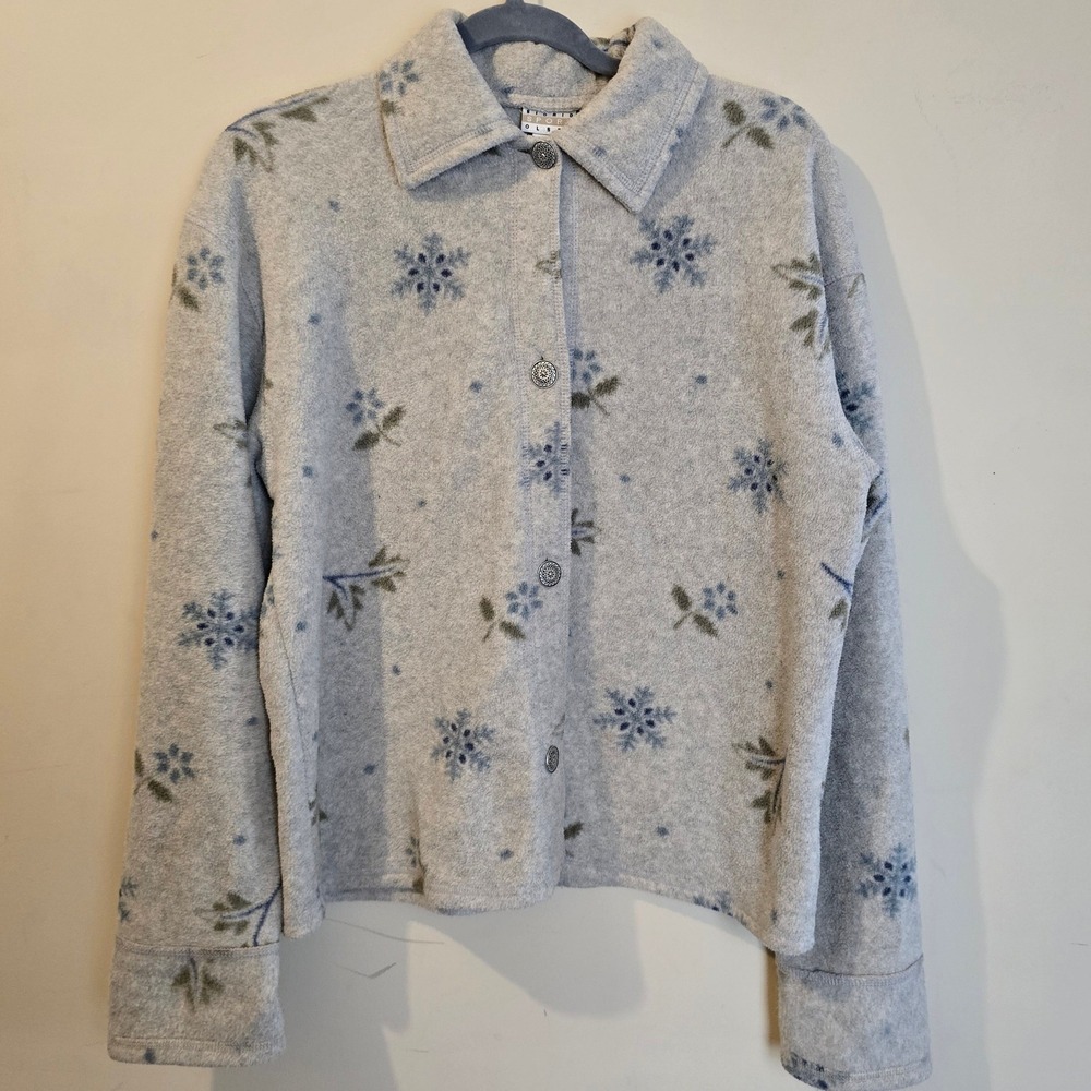Vintage 90s Sigrid Olsen Sport Fleece Jacket XS Blue Snowflake Floral grannycore